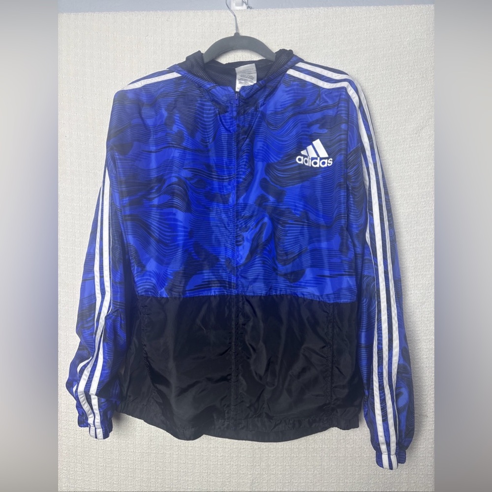 Adidas Blue and Black Raincoat with Iconic Stripes